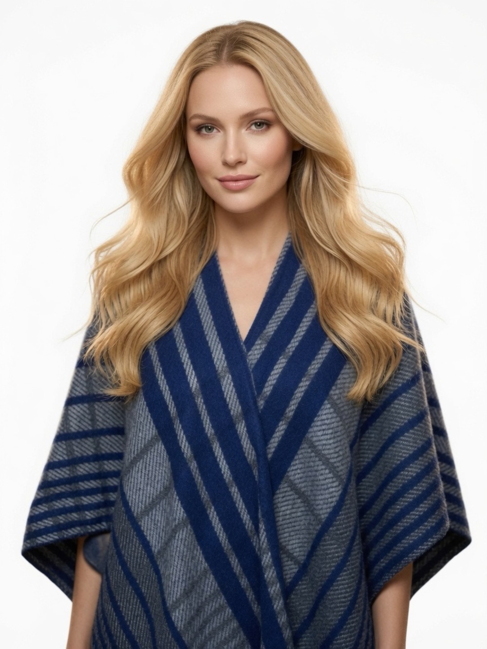 Woolrich Navy and Gray Striped Wrap Poncho One Size